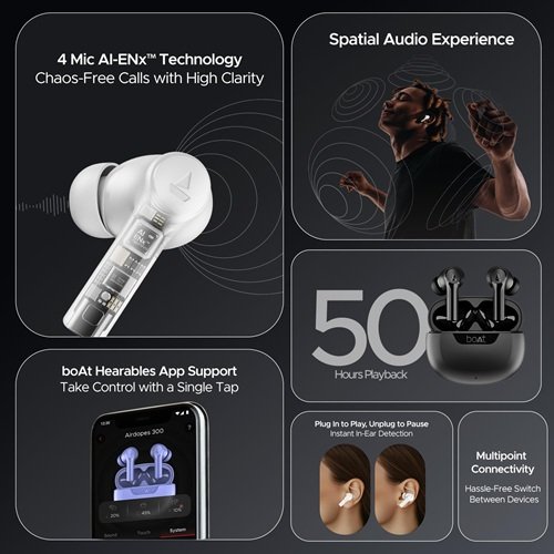 boAt Airdopes 300 TWS Ear Buds Wireless Earphones with mic Gunmetal Black boAt Airdopes 300 TWS Ear Buds Wireless Earphones with mic Gunmetal Black
